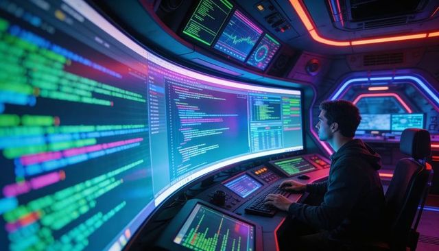 Developer coding at neon-lit control station with curved ultrawide monitors and dashboards