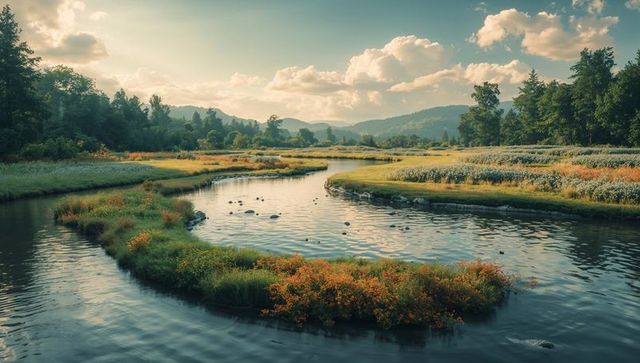S-shaped river meandering through marsh meadow with grassy islets and orange wildflowers