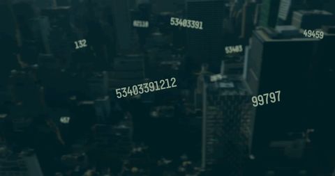 Digital numbers falling over modern cityscape
