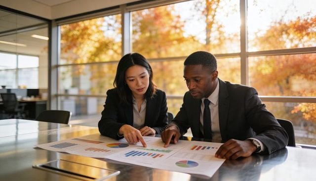 Business colleagues analyzing printed charts at conference table with autumn office window view
