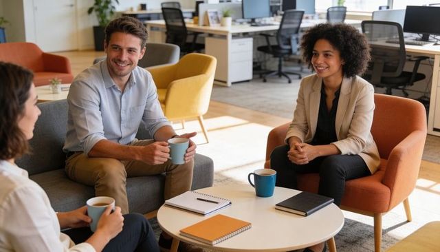 Coworkers Discussing Strategy Over Coffee in Modern Open-Plan Office Lounge