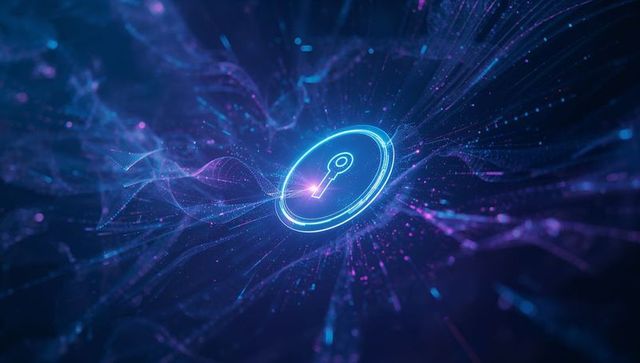 Floating Digital Key in Neon Network Symbolizing Cybersecurity