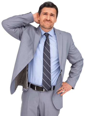 Worried Caucasian Businessman Adjusting Neck on Transparent Background