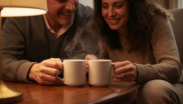Couple sharing steaming mugs in cozy living room, wearing knits, warm lamp glow, intimate