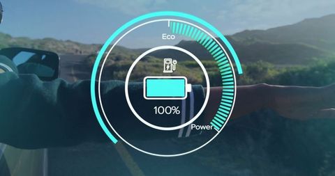 Woman Enjoying Road Trip with Digital Eco Display Concept