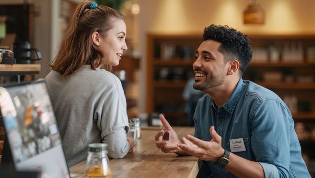 Smiling barista gesturing at wooden counter wearing denim shirt and name tag in cozy cafe