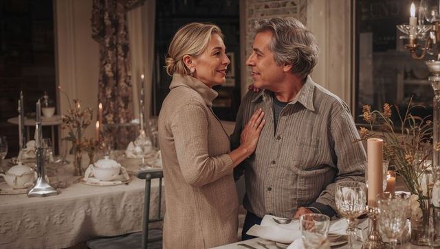 Mature couple arranging romantic candlelit dinner in warm rustic dining room