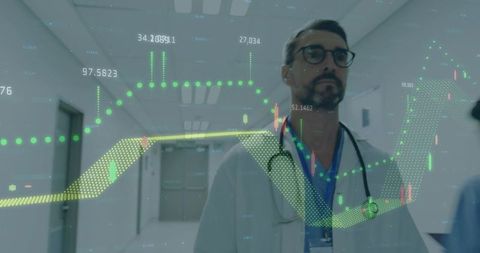 Doctor Walking Hospital Corridor with Augmented Healthcare Analytics Overlay