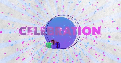 Vibrant celebration banner showing gifts, confetti, radial light rays and gradient badge