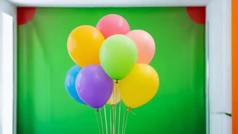 Vibrant Balloon Cluster Rises Against Green Backdrop in Joyful Celebration