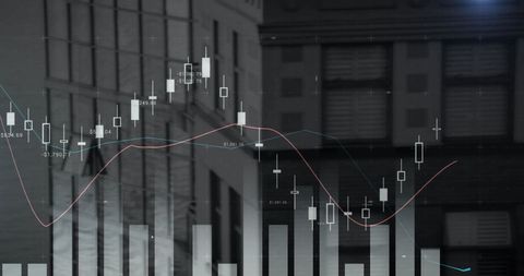 Financial Data Overlay on Office Building Background - Download Free Stock Images Pikwizard.com