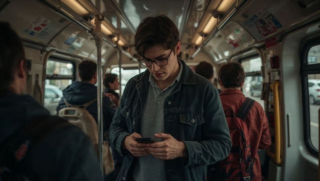 Young commuter checking smartphone and tapping screen on crowded city bus commute