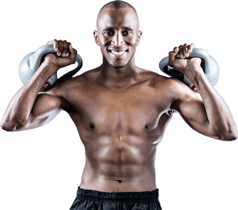 Muscular Man Smiling with Kettlebells Transparent Background