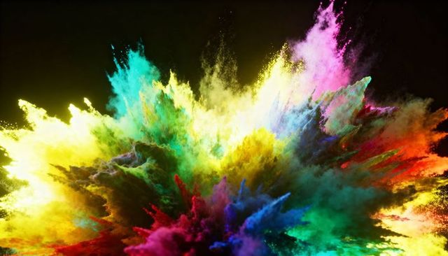 Exploding color powder burst creating vivid multicolor dust clouds and dynamic particles
