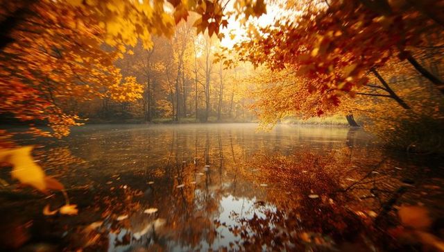Golden Autumn Reflection in Tranquil Forest Lake