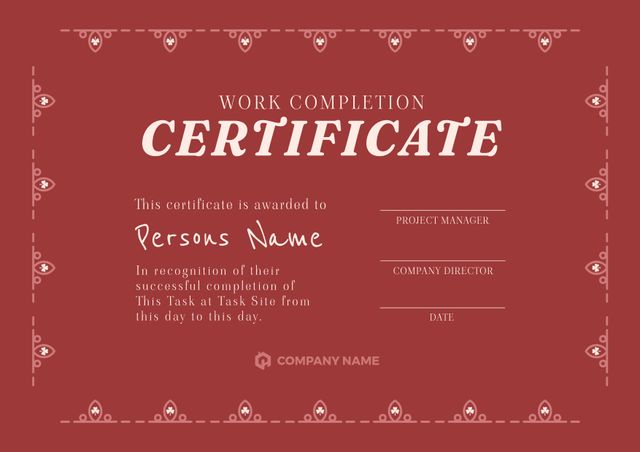 Image of template of work completion certificate on red background. Job contracts, certificates, occupation and employment concept.