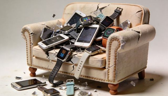 Miniature loveseat overflowing with broken smartphones and smartwatches with glass shards