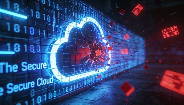 Neon cloud breach shattering holographic data blocks on digital security grid ai-generated