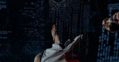 Rear-view man gazing into holographic code sphere in futuristic virtual cyberspace