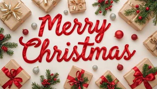 Merry christmas red satin lettering with gold gifts and evergreen decorations flatlay