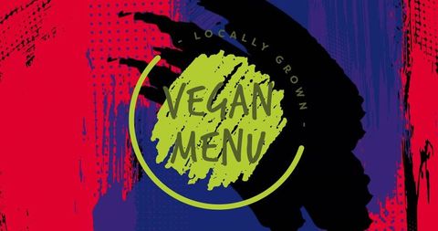 Grunge vegan menu emblem with lime brushstroke and bold red-blue abstract background