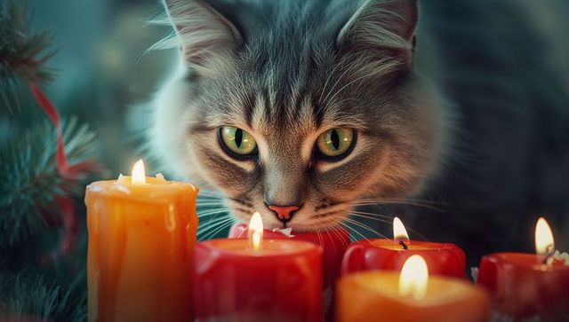 Gray Tabby Cat Fascinated by Vibrant Festive Candles