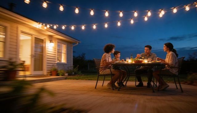 Family dining on backyard patio under string lights at twilight