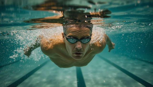 Determined Swimmer Performing Stroke Underwater with Intense Focus