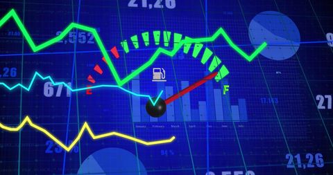 Digital Overlay of Fuel Gauge Over Financial Data Visualizations - Download Free Stock Images Pikwizard.com
