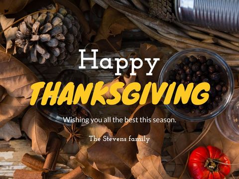 Thanksgiving card with autumn leaves and festive decorations