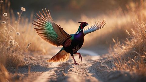 Colorful ring-necked pheasant animal landing amid golden grasses