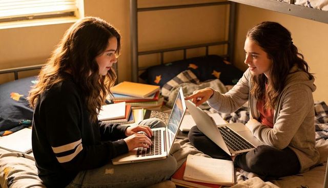 Teen students collaborating on laptops in cozy dorm room studying with notebooks and papers