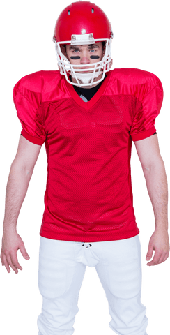 Serious american football player in red uniform transparent background