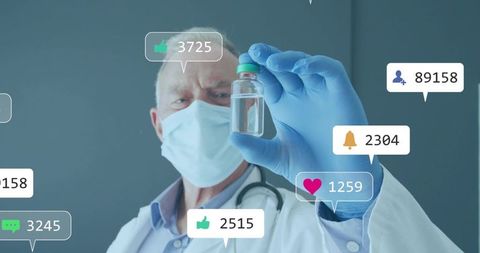 Doctor Holding Vial in Modern Medical Facility with Social Icons