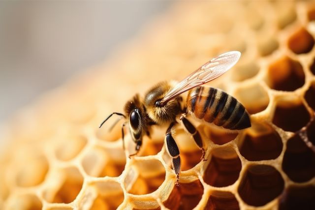 Honeybee standing on honeycomb in beehive demonstrates biodiversity and the role of pollinators. Useful for educational materials, nature-focused content, and entomology studies.