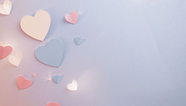 Pastel paper hearts floating on lavender textured background with generous copy space