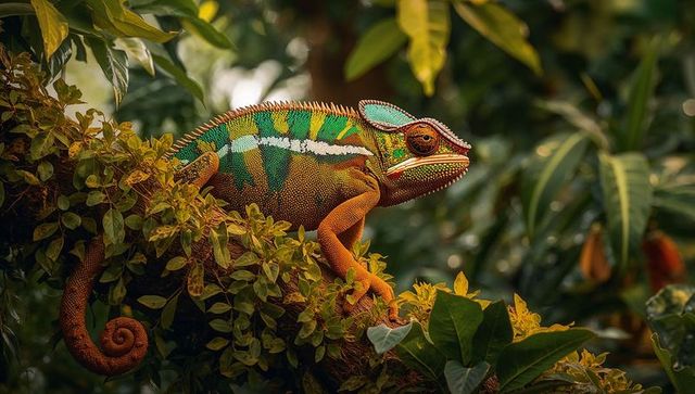 Colorful panther chameleon on branch in lush jungle