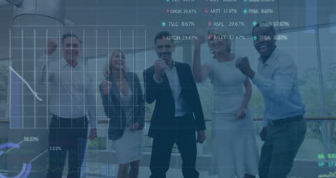 Diverse Business Team Celebrating Success with Stock Market Data