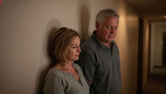 Middle-aged couple standing in dim hallway leaning on wall contemplating intimate quiet moment