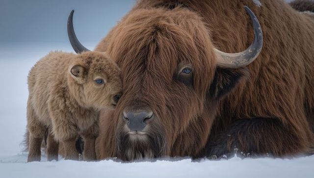 Shaggy highland cow nuzzling fluffy calf in snowy winter pasture, serene close-up