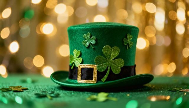 Green Felt Leprechaun Top Hat with Glitter Shamrocks and Gold Buckle on Bokeh Backdrop