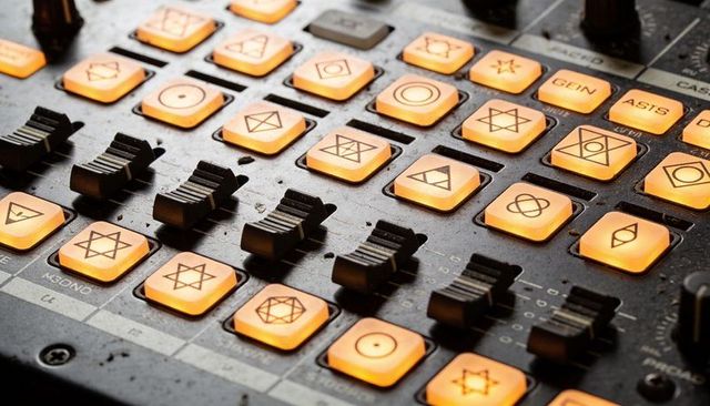 Glowing amber control surface buttons displaying geometric icons with black faders