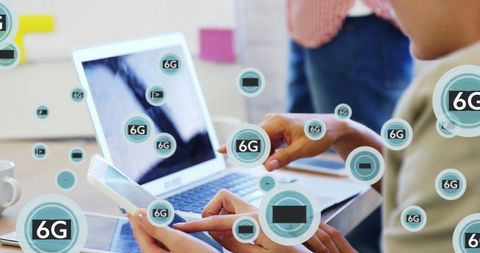 Coworkers Discussing Reports with 6G Technology Symbols Overlay - Download Free Stock Images Pikwizard.com