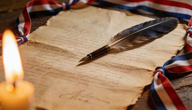 Antique quill on aged parchment evoking historic manuscript with tricolor ribbon loops