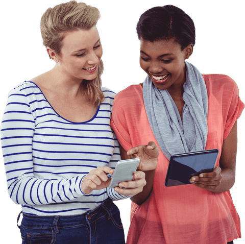 two smiling women engaging with digital devices on transparent background - Download Free Stock Videos Pikwizard.com