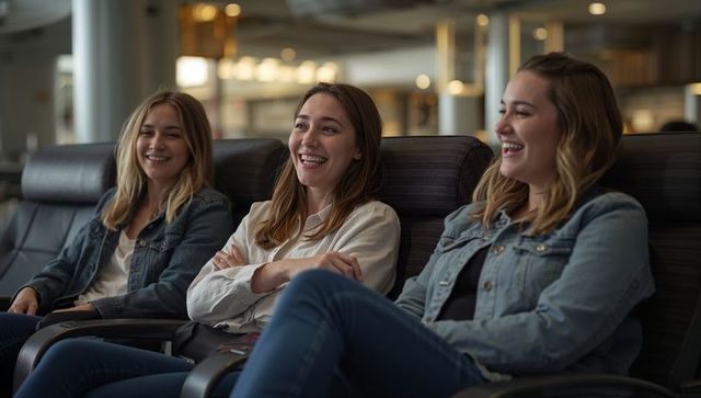 Friends laughing and relaxing in airport terminal seating, casual travel lifestyle