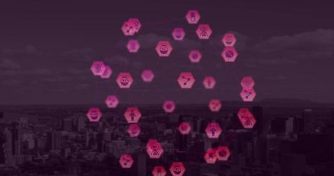 digital network sphere with pink icons over urban background - Download Free Stock Images Pikwizard.com