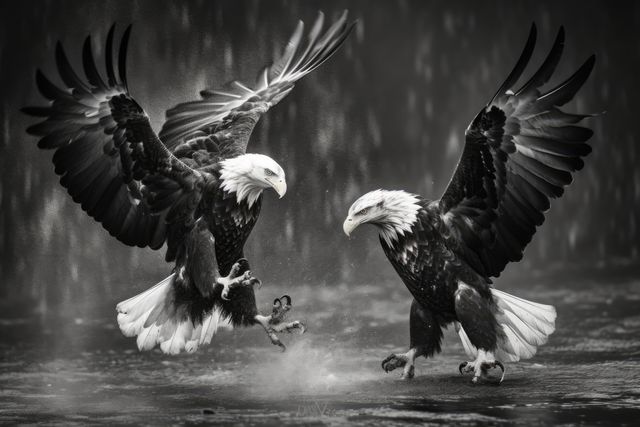 Two majestic bald eagles engage in a dramatic display of power. Their wings spread wide, they create a stunning spectacle of wildlife dominance.