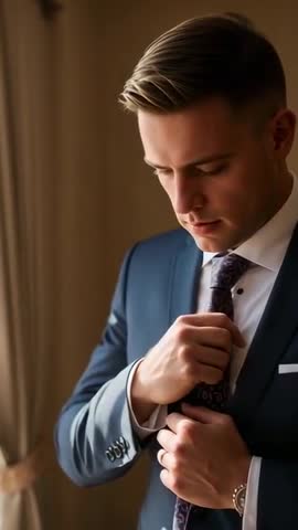 Vertical Video: Man Adjusting Tie by Window Preparing in Navy Suit for Formal Event