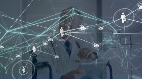 Senior Doctor Using Tablet with Digital Network Overlay